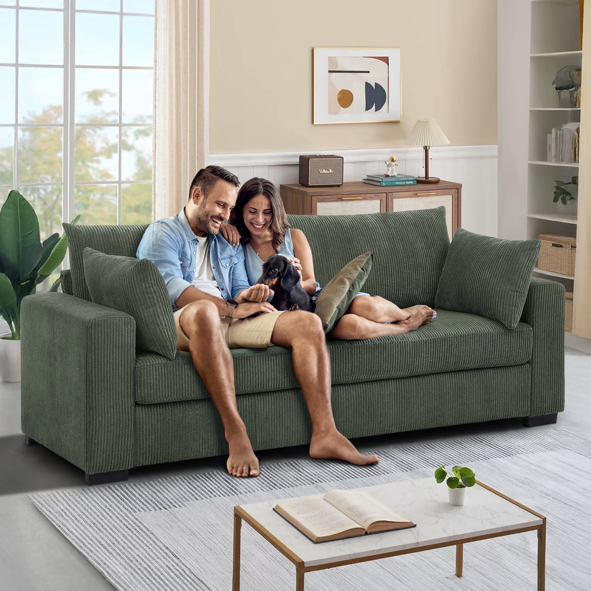 Muumblus 79"L Corduroy Sofa, Deep Seat Sleeper Couch, 3-Seater Living Room Sofa, Greens