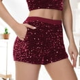 thumbnail image 3 of Women's High-Waisted Sequin Shorts with Elastic Waistband and Side Pockets - Medium, Burgundy Red, 3 of 5
