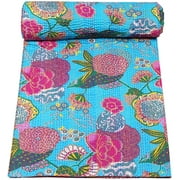 Indian Handmade Cotton Turquoise Fruit Print Kantha Quilt Tribal Bed Cover Bedspread Blanket Picnic Throw Floral Coverlet