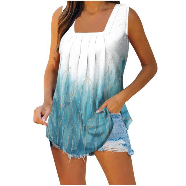 RKSTN Débardeurs pour Femmes Col Carré Sans Manches T-shirt Mode Confortable Imprimé Floral Blouse Plissée Décontractée Ample