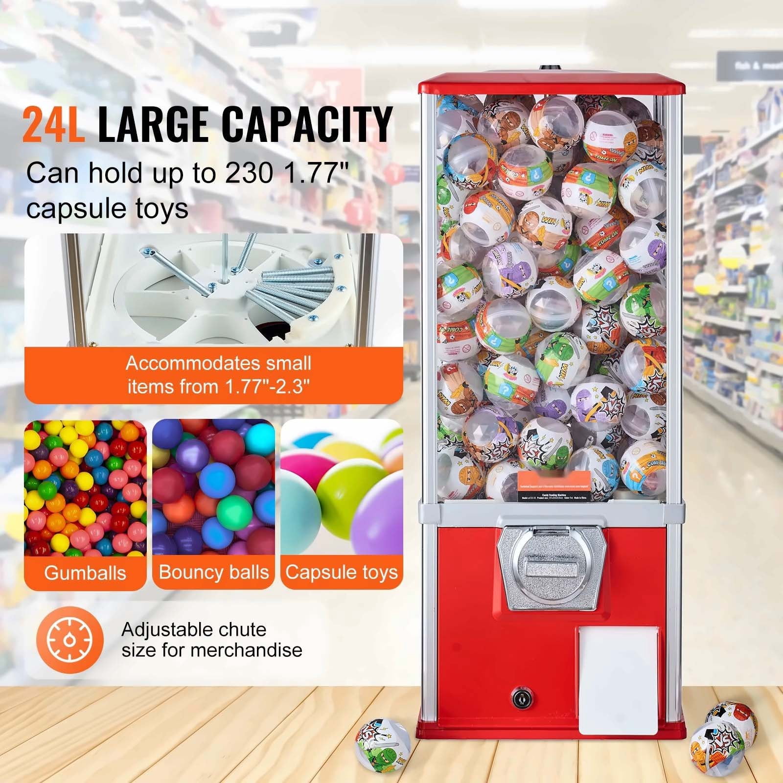 Gumball Machine for Kids, 25" Vending Machine, Capsule Toy Dispenser, Holds 230, Coin Operated, Red