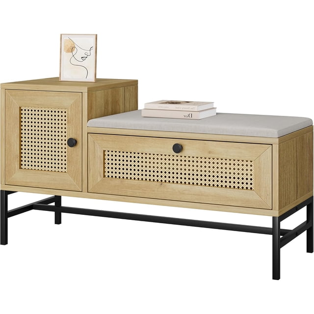 Eastvita Rattan Entryway Bench with Storage Drawer/Cabinet//Linen Seat Cushion for Hallway/Bedroom