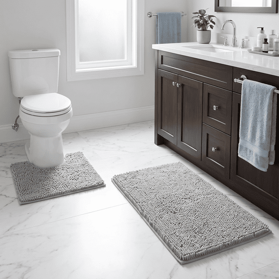 Bathroom Rugs Set 2 Piece - Super Absorbent Chenille Bath Mat and U-Shaped Toilet Rug, Non-Slip Washable for Bathroom, Light Grey