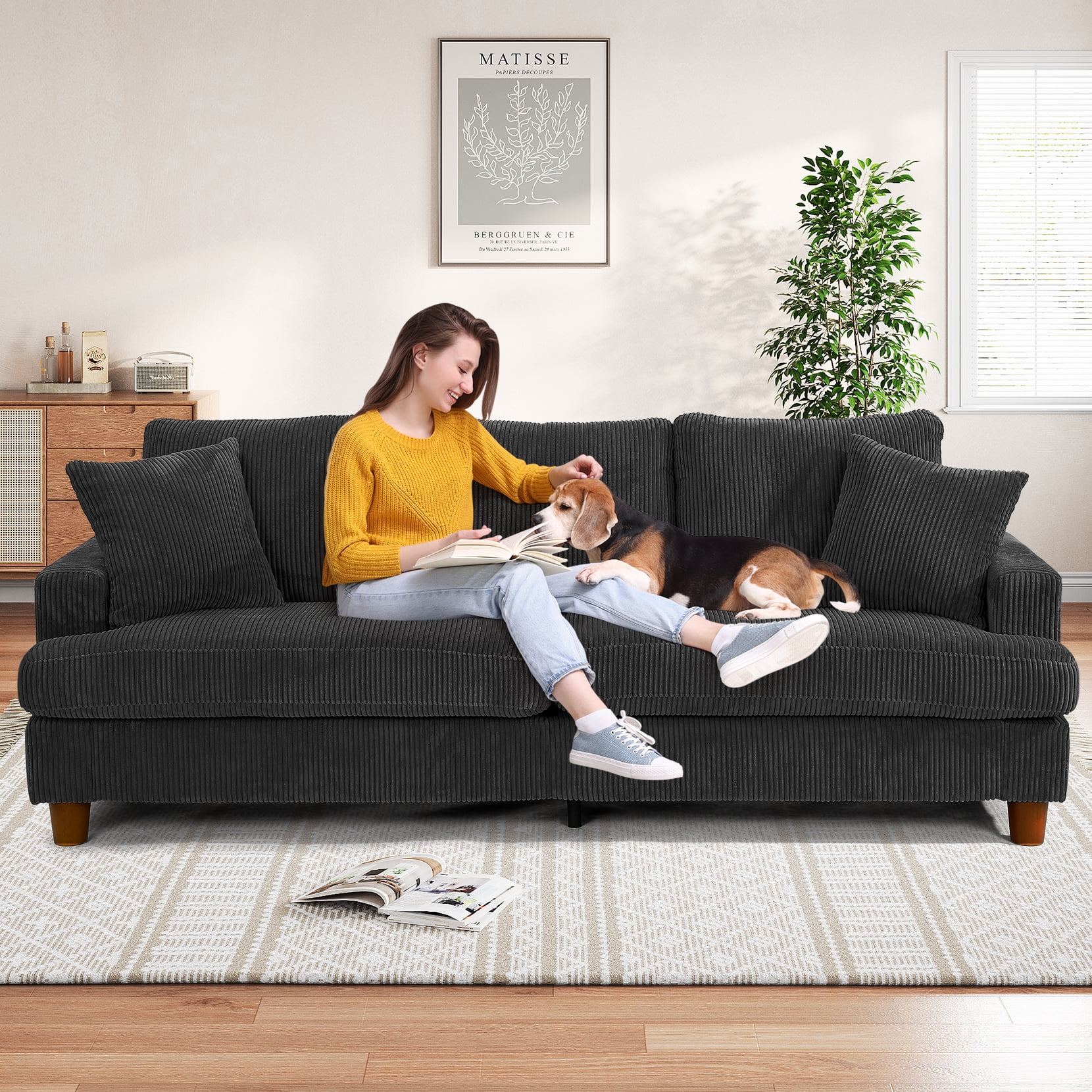 87" Corduroy Sofa,3 Seater Sofa with Extra Deep Seats,Neche Comfy Upholstered Couch for Living Room,2 Pillows,Black