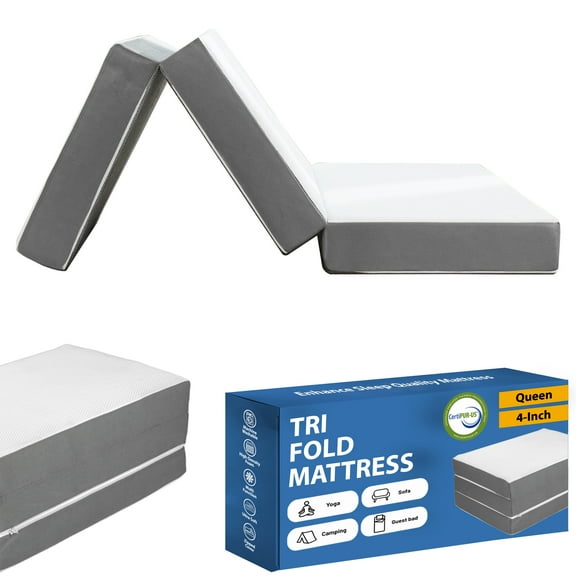 Continental Sleep, 4" Tri-Folding Gel Memory Foam Portable Floor Mattress, Breathable Mesh, Ultra Soft, Removable and Washable Cover, Queen, White