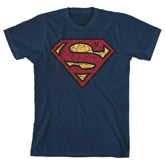 Superman Cracked Shield Logo Youth Navy Blue Graphic Tee-XS