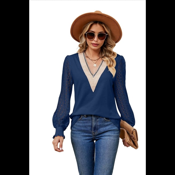 Blusa Informal de Larga con Volantes y Cuello en V para Mujer Azul M