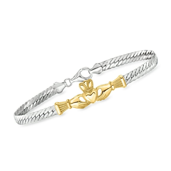 Ross-Simons Sterling Silver and 18kt Gold Over Sterling Claddagh Cuban-Link Bracelet, Women's, Adult