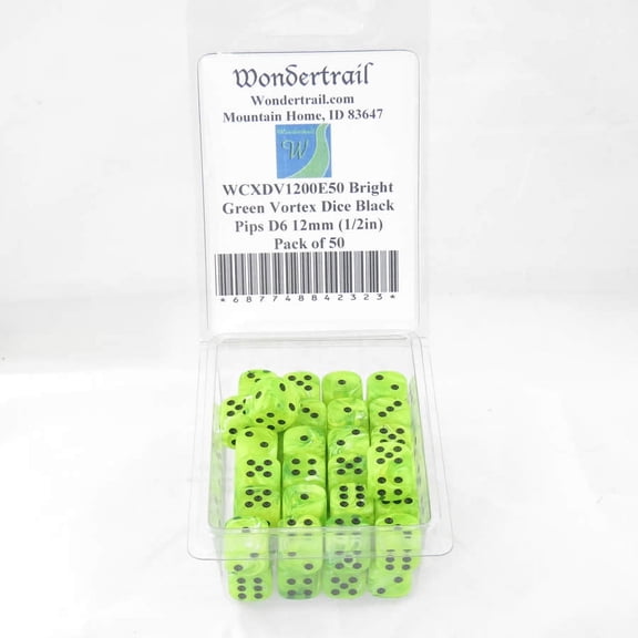Bright Green Vortex Dice with Black Pips D6 12mm (1/2in) Pack of 50 Wondertrail