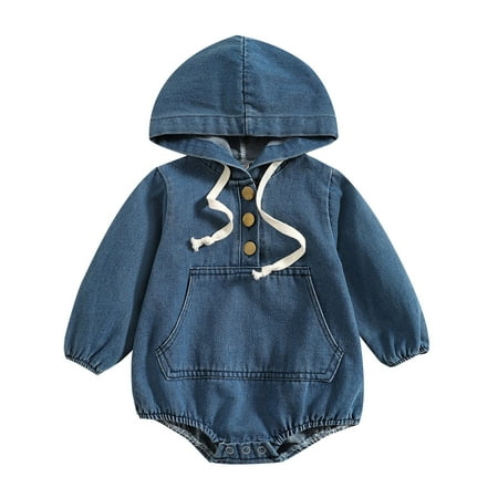 

Boys Girls Long Sleeve Solid Denim Hooded Pullover Romper With Pocket Sweatshirt Bodysuits Halloween Costumes Baby Girl Fall Clothes For Toddler Girls New Born Onesies Boy