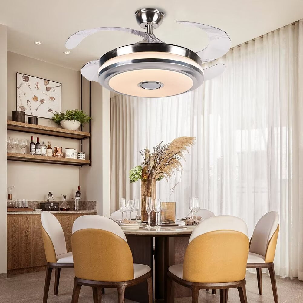 AFANQI Modern Multifunctional Ceiling Fan with Light and Bluetooth Speaker, Retractable Ceiling Ceiling Light Ceiling Fan with Remote Control, Invisible Ceiling Fan for Living Room Bedroom (42 Inch)