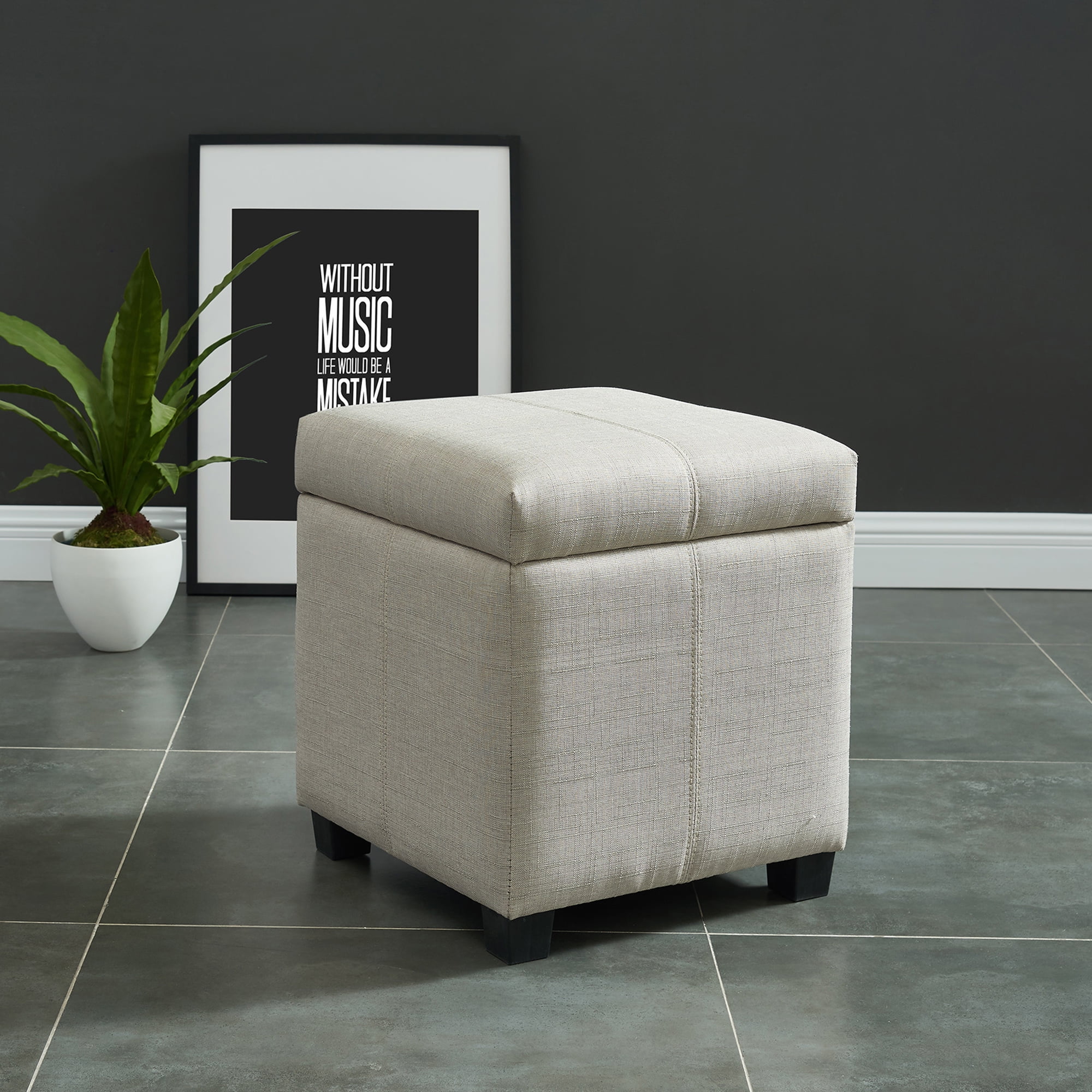 Hinged Lid Storage Ottoman, Beige