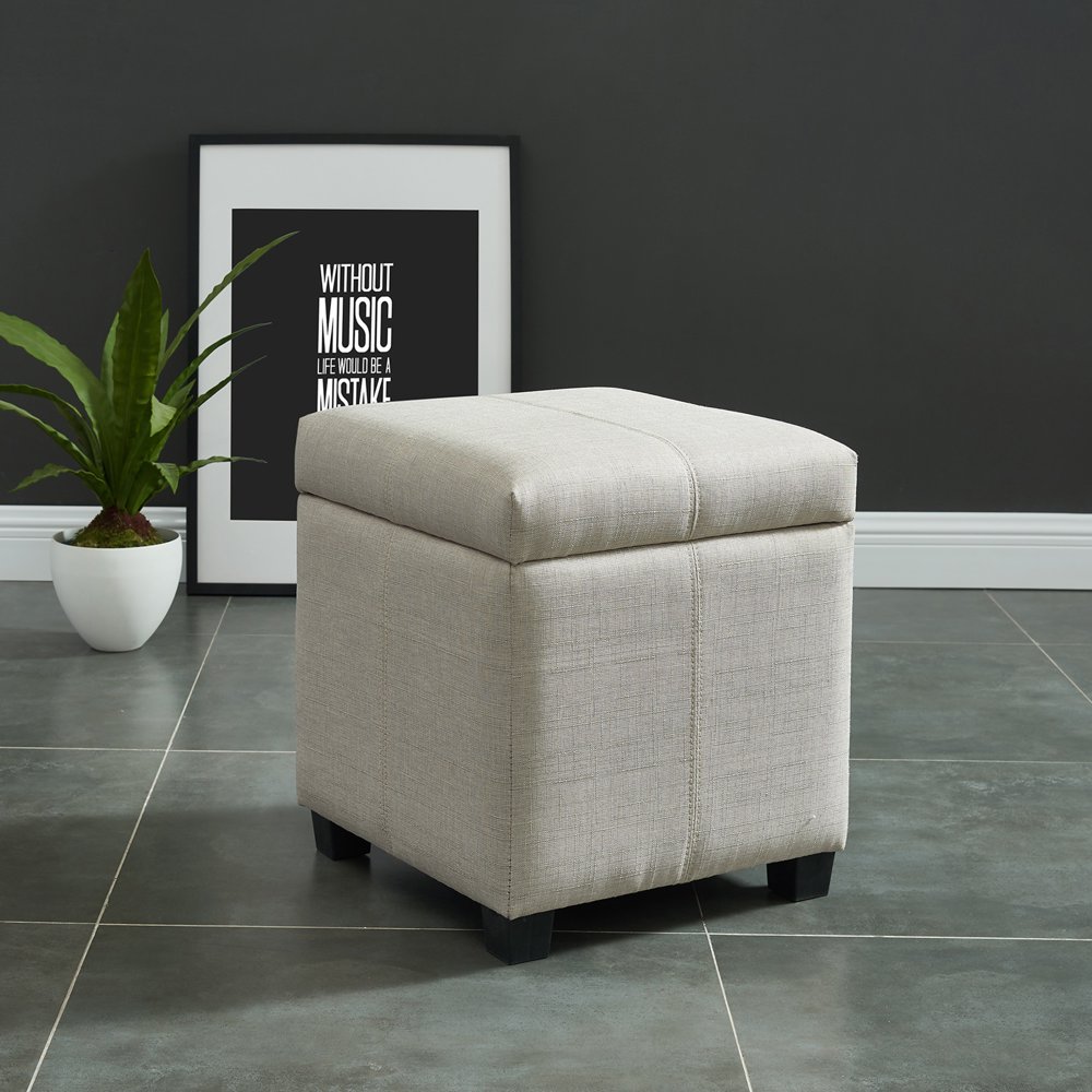 Hinged Lid Storage Ottoman, Beige