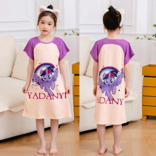 Pijamas infantiles de verano para niñas, lindos pijamas de manga corta con cuello redondo de dibujos animados, ropa de hogar holgada y delgada para niñas de talla mediana y niños mayores