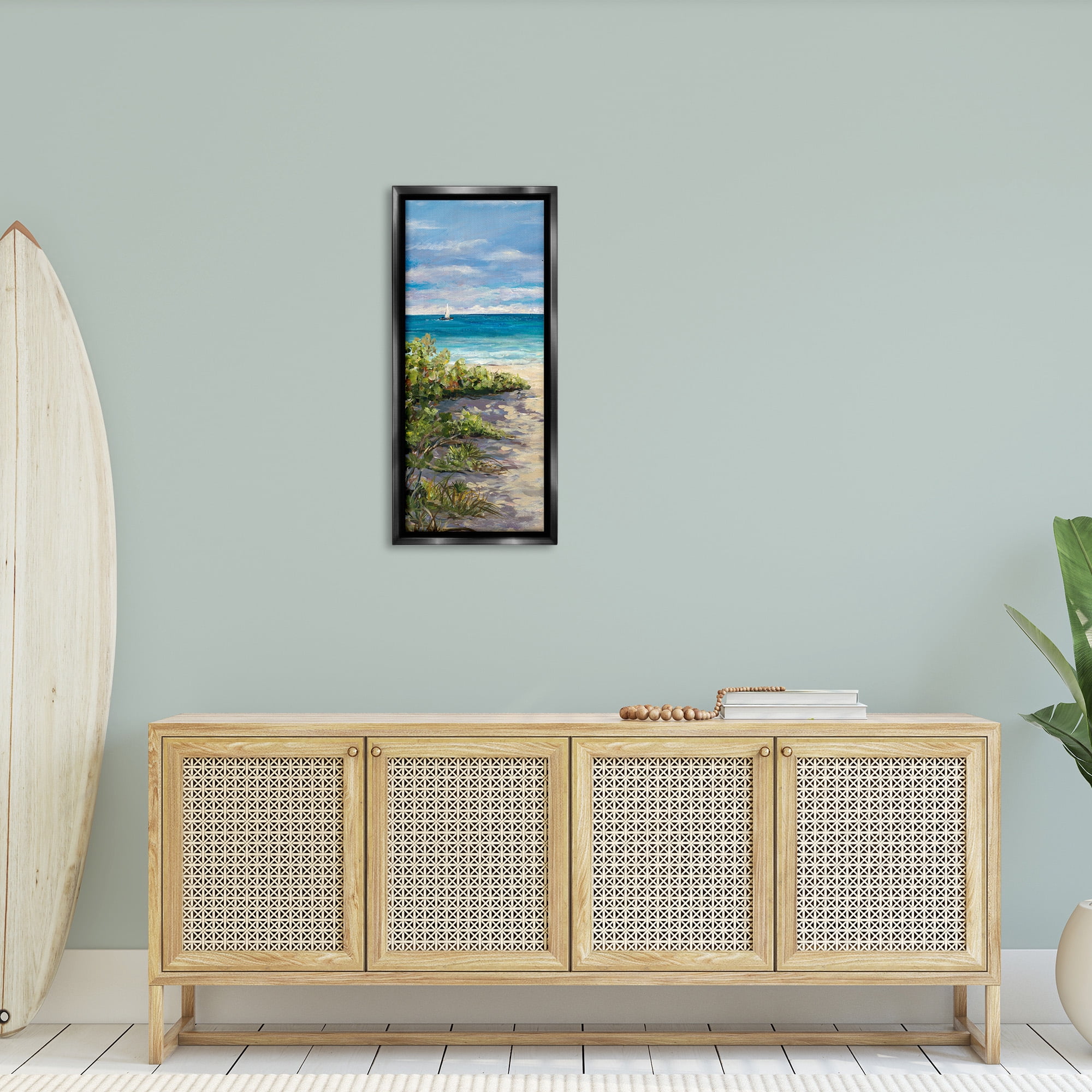 Stupell Industries Grassy Beach Shore Landscape Painting Black Floater Framed Canvas Art Print Wall Art, 15 x 31