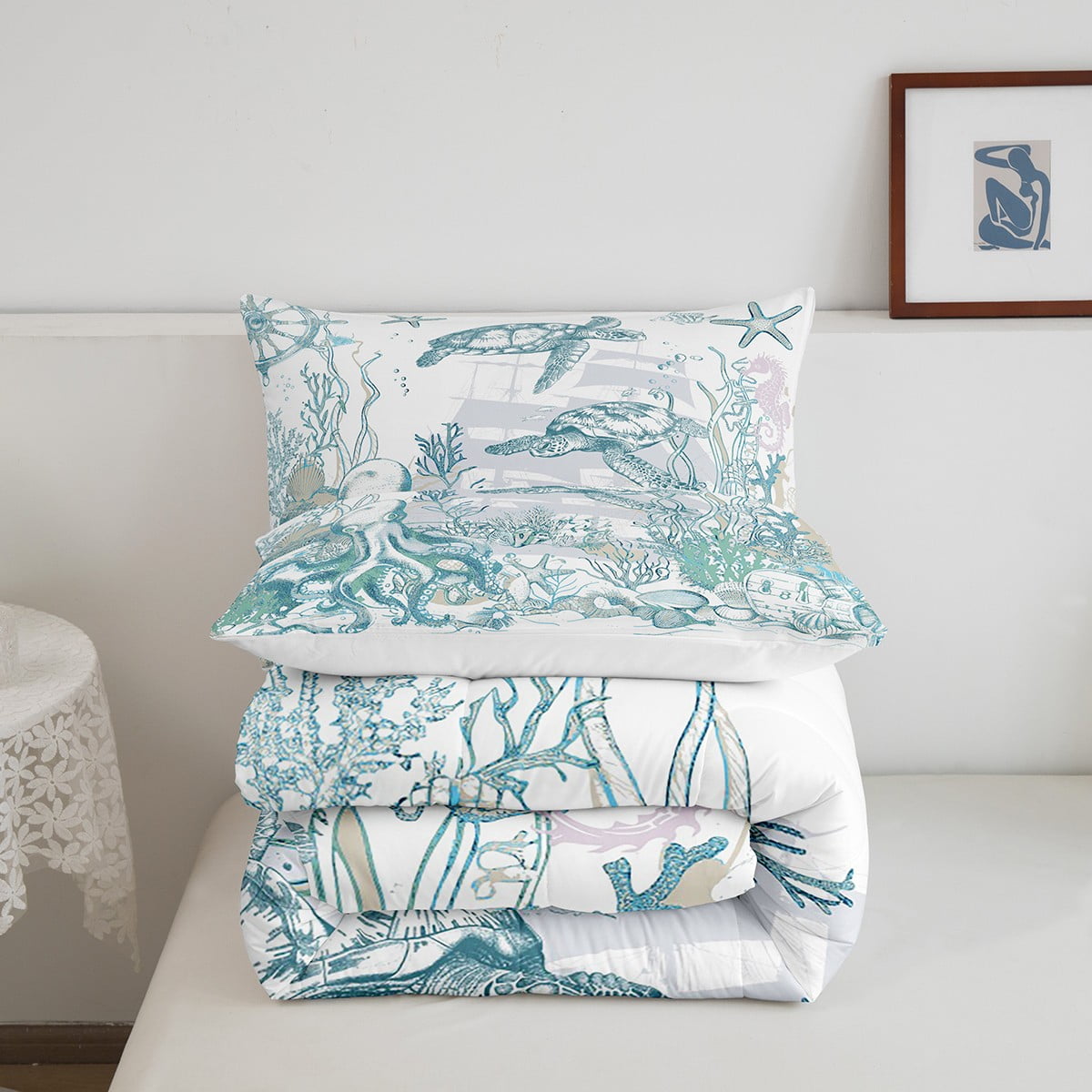 Nautical Coastal Sea Turtle Comforter Set Ocean Beach Bedding Comforter Sets Full,Coral Octopus Quilt Seahorse Starfish Fish Duvet Insert,Sailboat Boat Anchor Room Decor