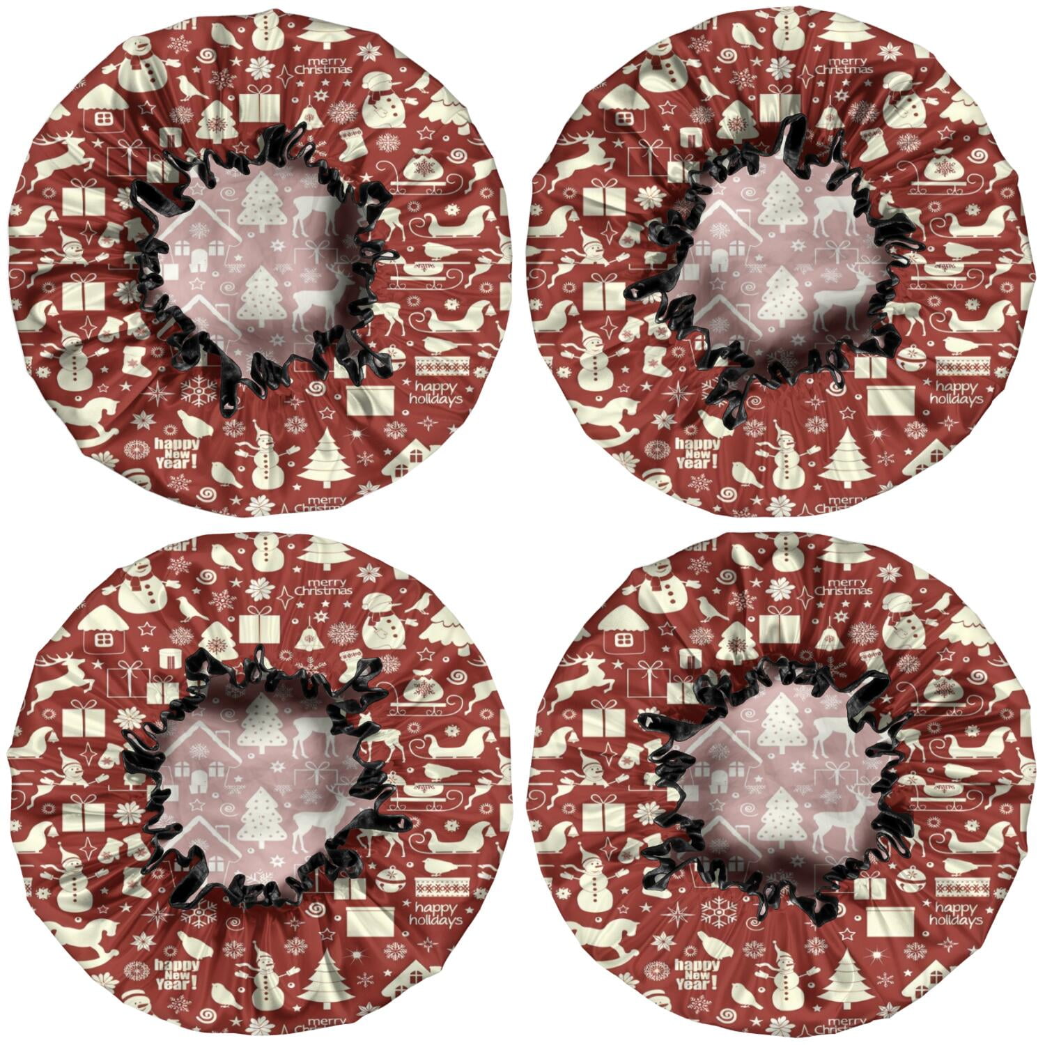 Shower Caps,Red Christmas Icon Pattern Waterproof Shower Cap for Women 4 Pieces,Double Reusable Hair Cover for Shower PEVA Elastic Stretch Hem