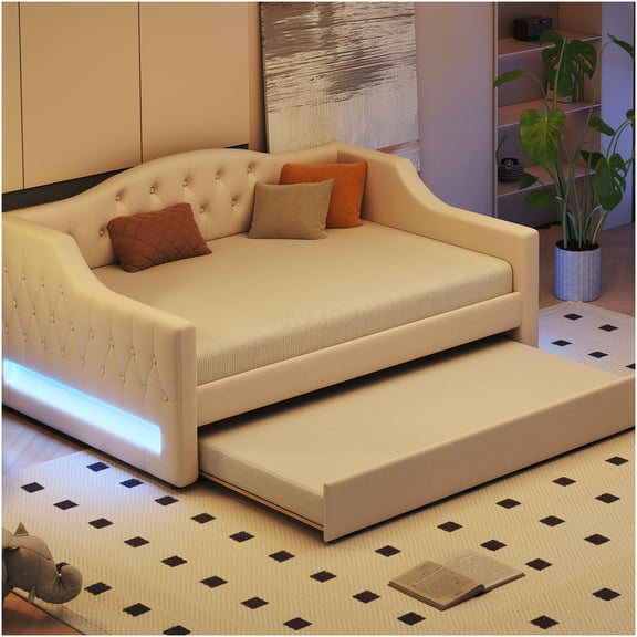 Modern Upholstered Full XL Daybed with LED Lights and Trundle, Linen Fabric, Beige
