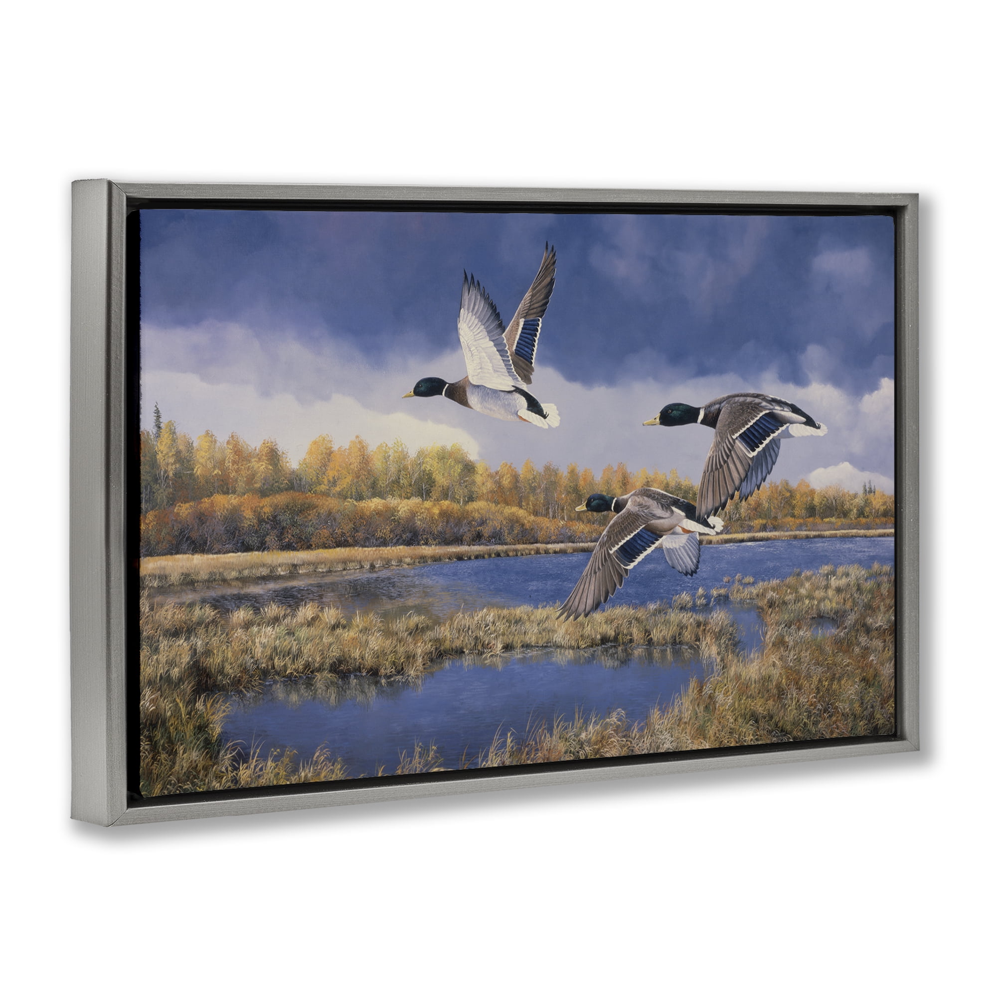 Stupell Industries Ducks Heading South Landscape & Nature Painting Gray Floater Framed Canvas Art Print Wall Art, 31 x 21