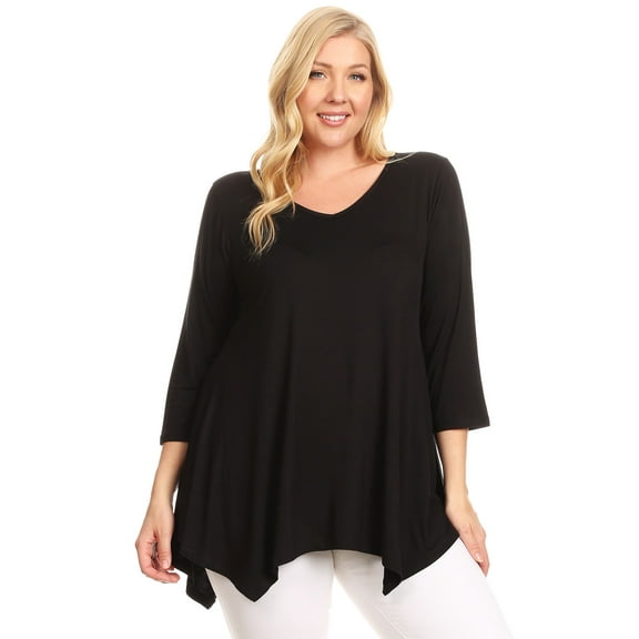 Women's Plus size Knit Tunic Tops Asymmetrical 3/4 Sleeve V-Neck Flowy Blouse