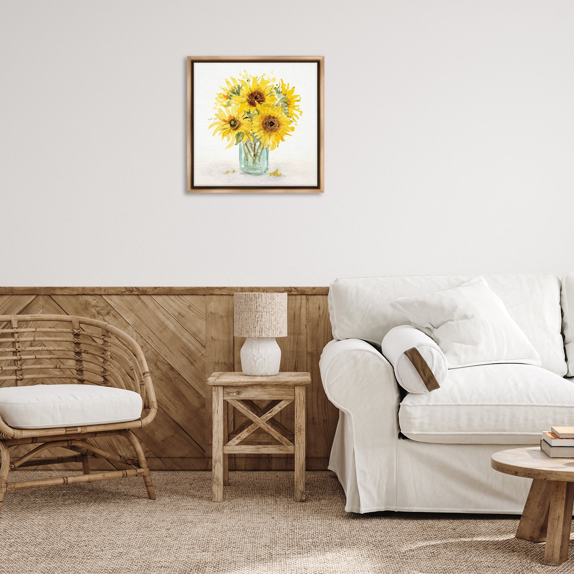 Stupell Industries Soft Sunflower Jar Plants & Flowers Painting Brown Floater Framed Canvas Art Print Wall Art, 25 x 25