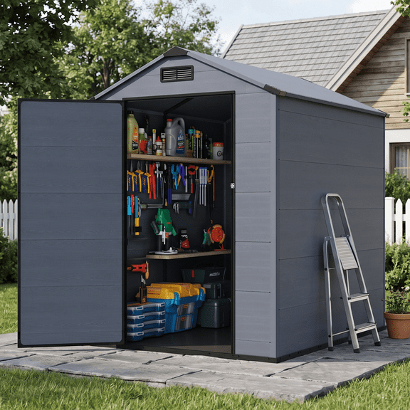 PABIMIA 4x6 FT Resin Storage Shed with Floor Outdoor Plastic Tool Shed, Weatherproof Garden Shed with Sloped Roof, Built-In Vents & Padlock-Ready Door