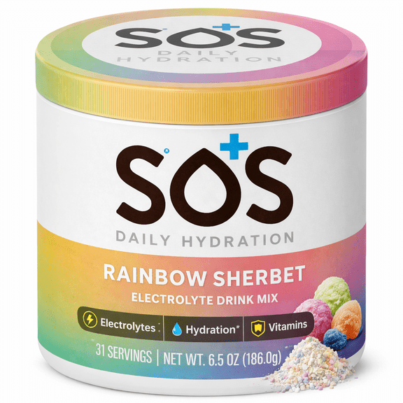 SOS Hydration Daily Electrolyte powder  Drink Mix, Rainbow Sherbet, 31-Serving Tub, Low Sugar