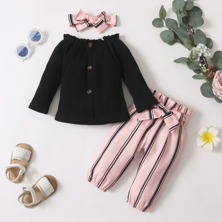 

Hunpta Infant Baby Girls Solid Color Long Sleeves Buttons Tops Striped Printed Pants With Headbands Outfits