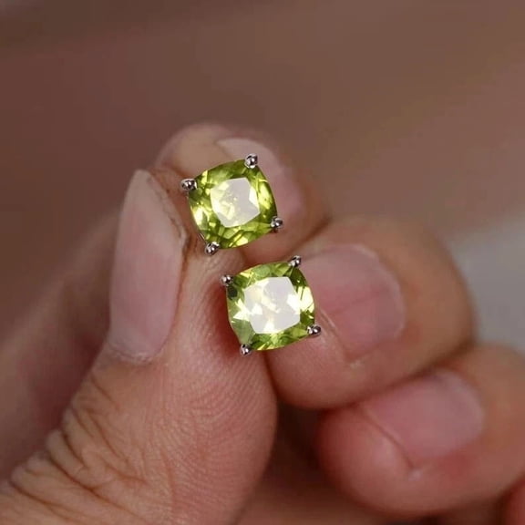 2 ct Cushion Cut Lab Created Peridot Push Back Solitaire Stud Earrings 14k White Gold Plated