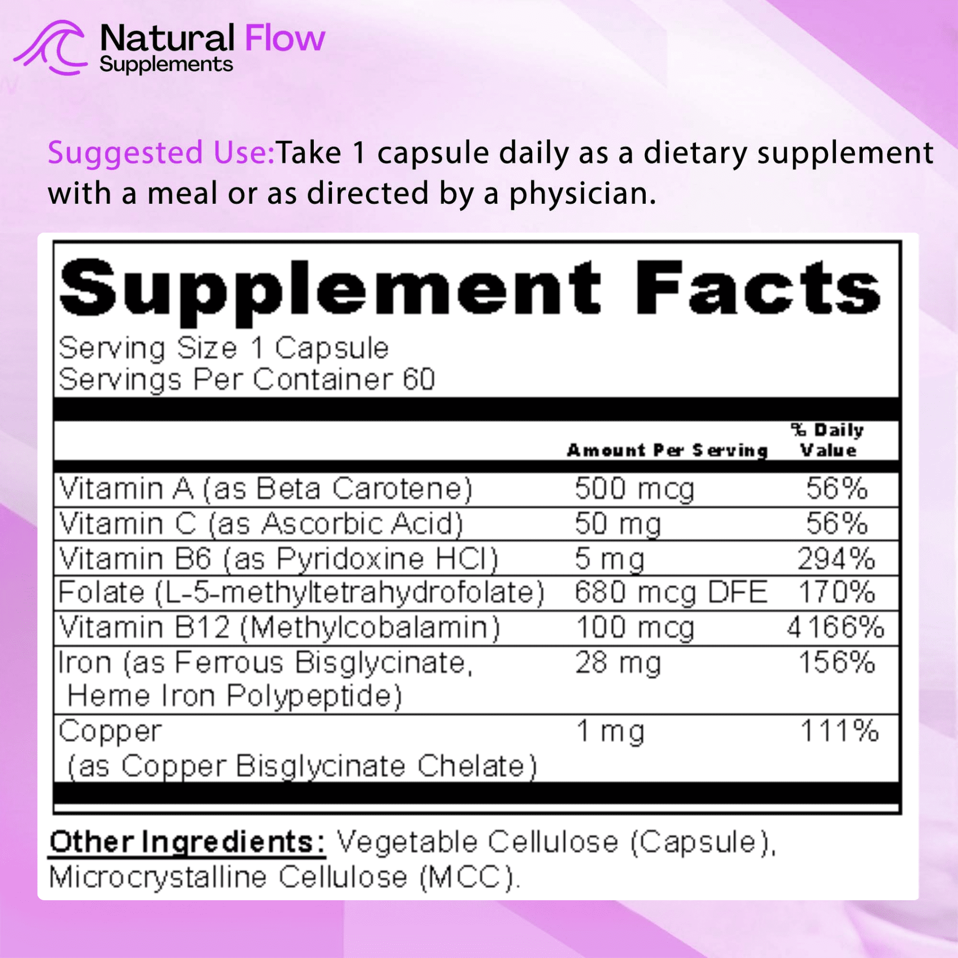 Natural Flow Supplements Iron 2-in-1 Premium Complete Complex, 2X Heme and Non-Heme Iron Blend Formula, 60 Caps