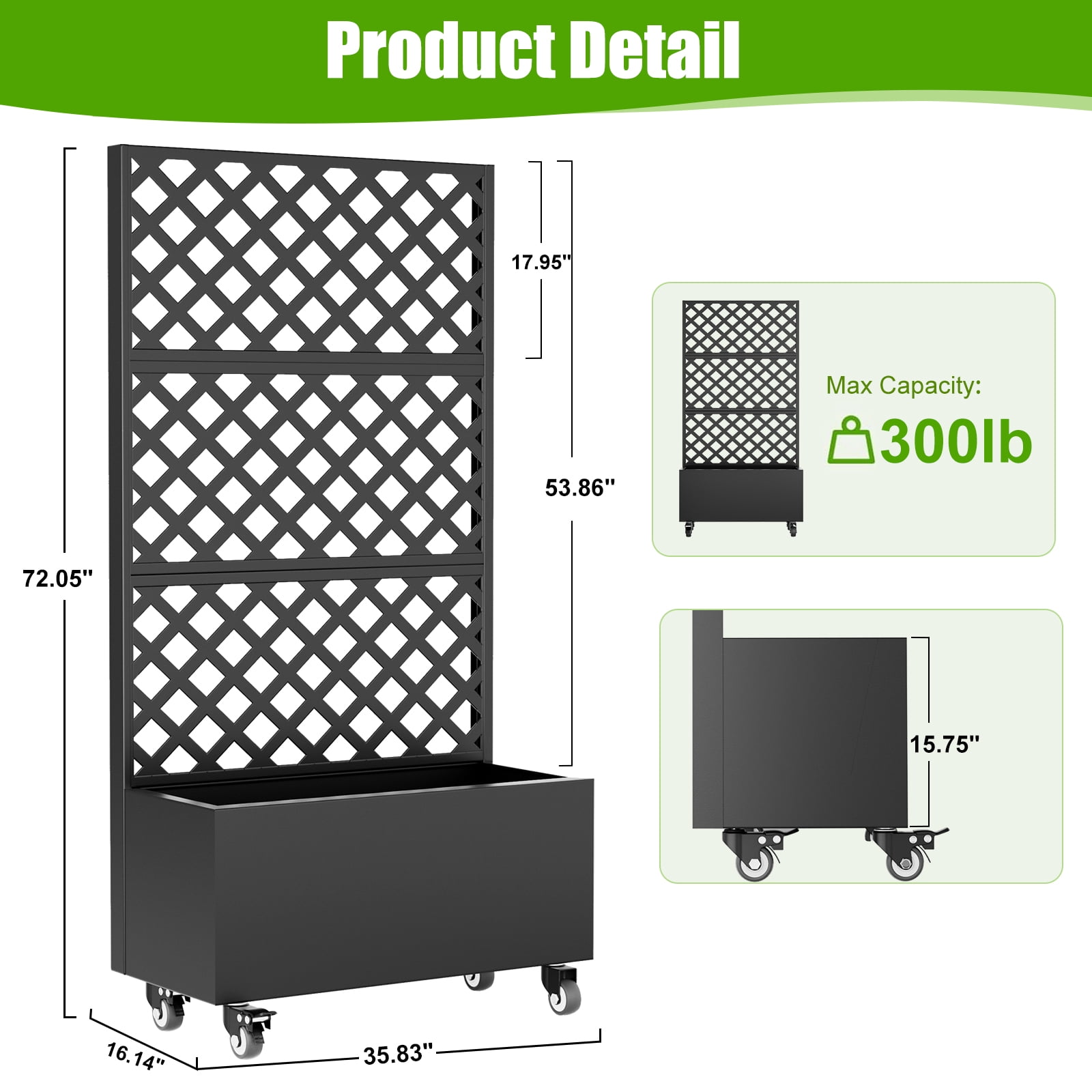 Raised Garden Bed with Trellis and Wheels, 72" High Metal Planter Box for Climbing Plants, Mobile Outdoor Vertical Garden with Drainage for Patio, Balcony & Backyard (300lb Capacity, Black)