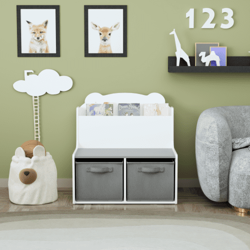 Kids Bookshelf with Storage Bins – Wooden Bookcase with Book Display Shelf and 2 Fabric Bins, Cute Bear-Shaped Backboard, Toy Organizer for Toddlers and Children, White and Gray