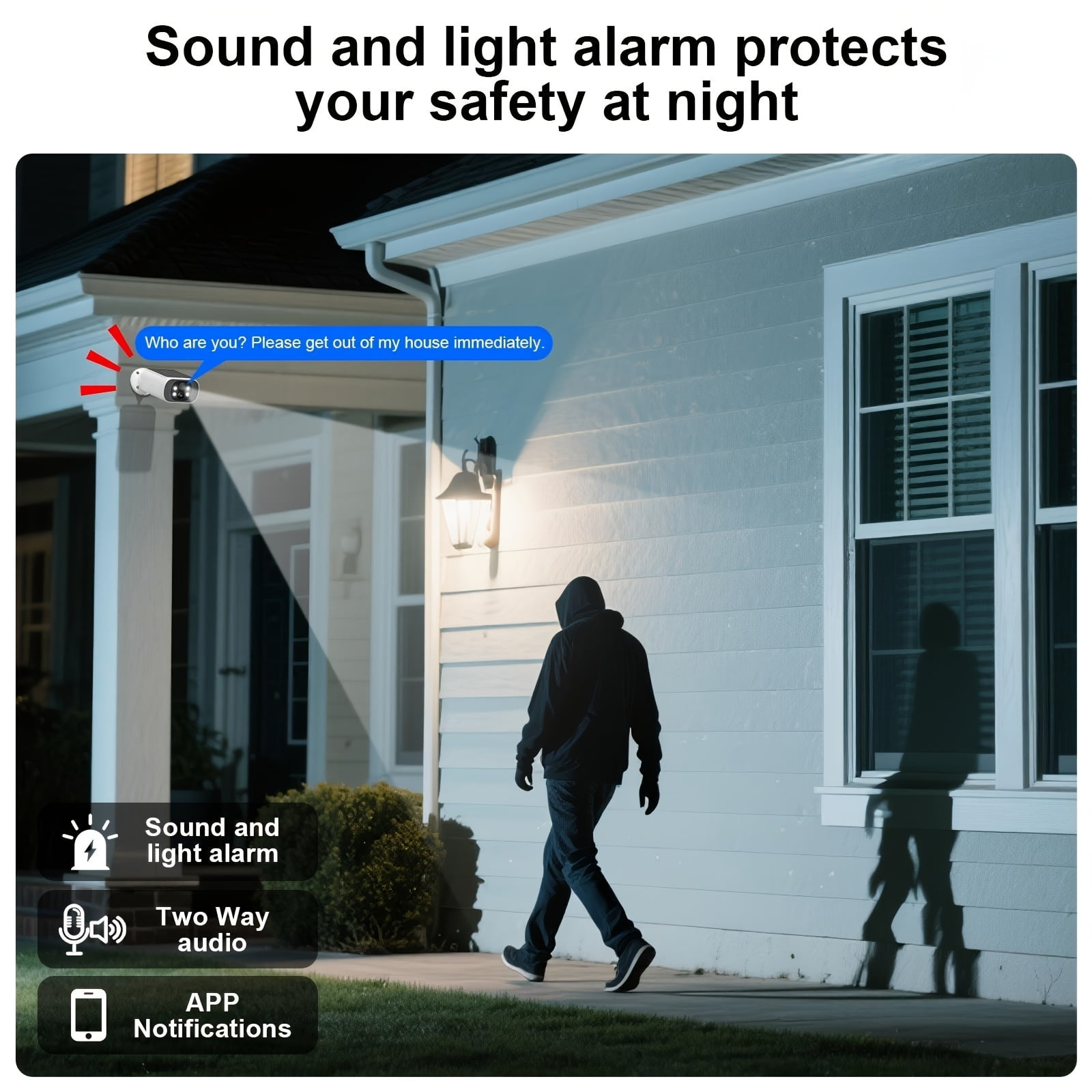 Wire-Free Outdoor Security Camera with Solar Panel, 2-Way Audio, PIR Human Detection, Color Night Vision, Siren, IP65 Weatherproof, SD/Cloud Storage