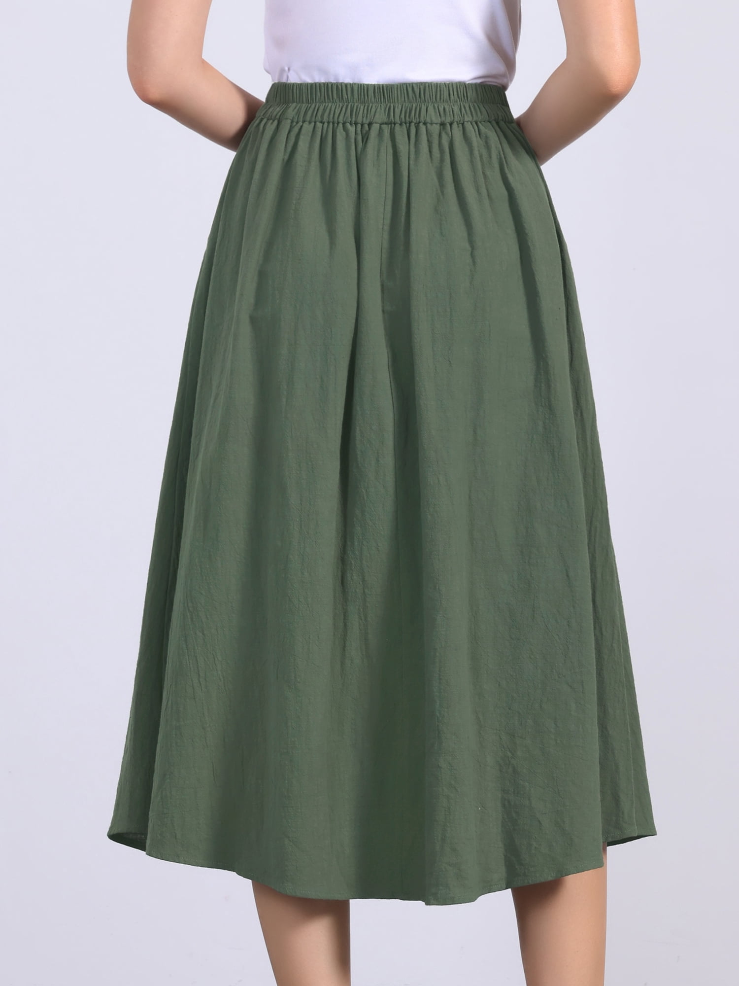 DARING DIVA Women's Button Decor Elastic Waist A-Line Skirts with Pockets S Army Green