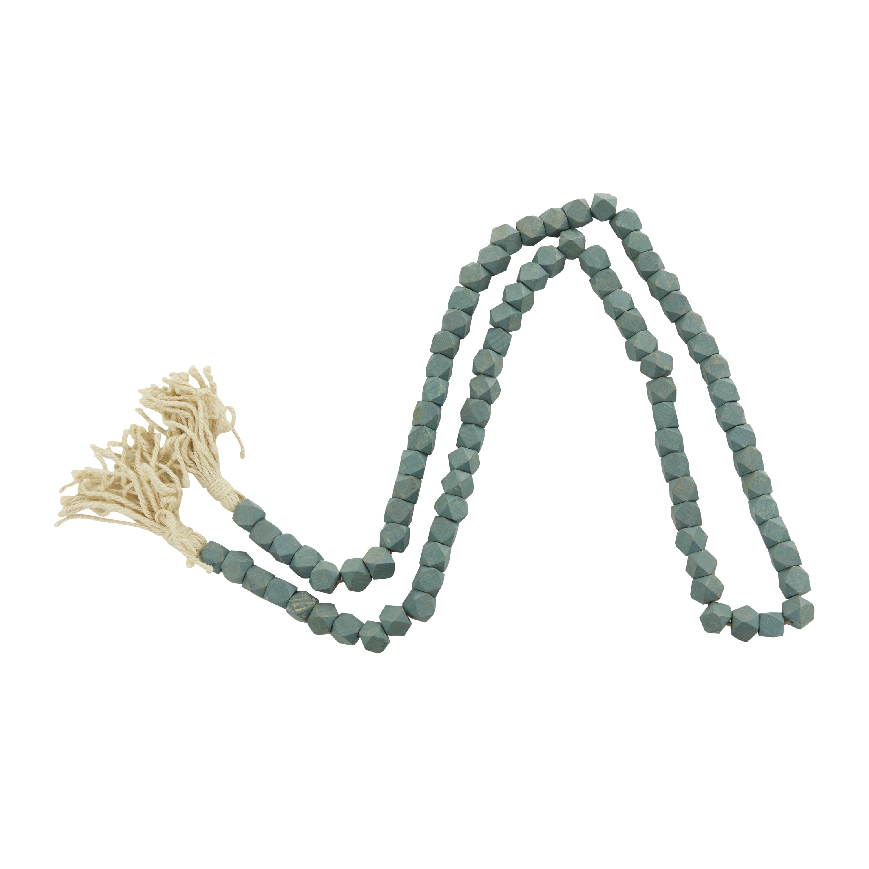 DecMode Blue Wood Bohemian Garland Décor with Geometric Bead Details and Cream Cotton Tassel, 80"L