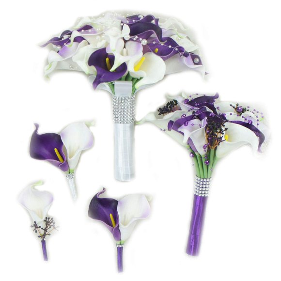 Lily Garden® Real Touch Calla Lily Purple and White Flowers Wedding Bouquet (Set of 5)