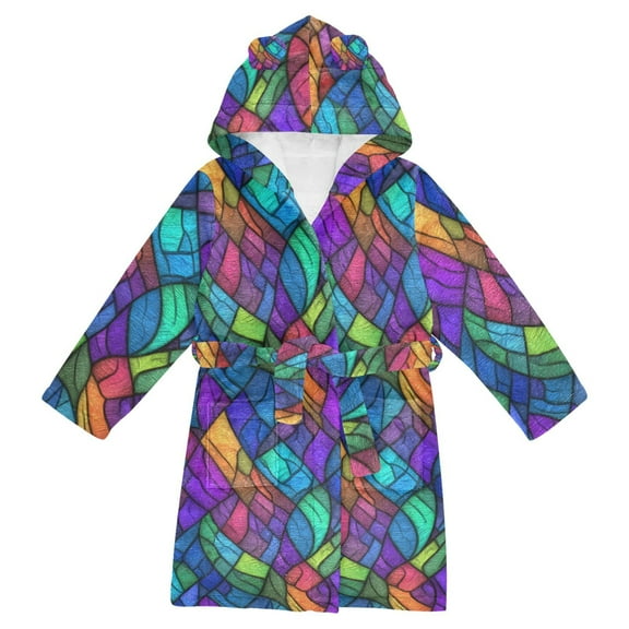 FORMRS Niños Bathrobe Unisex Hooded Robe Soft Plush Pajamas Sleepwear, Size 2-3T, Vibrant Stained Glass Pattern