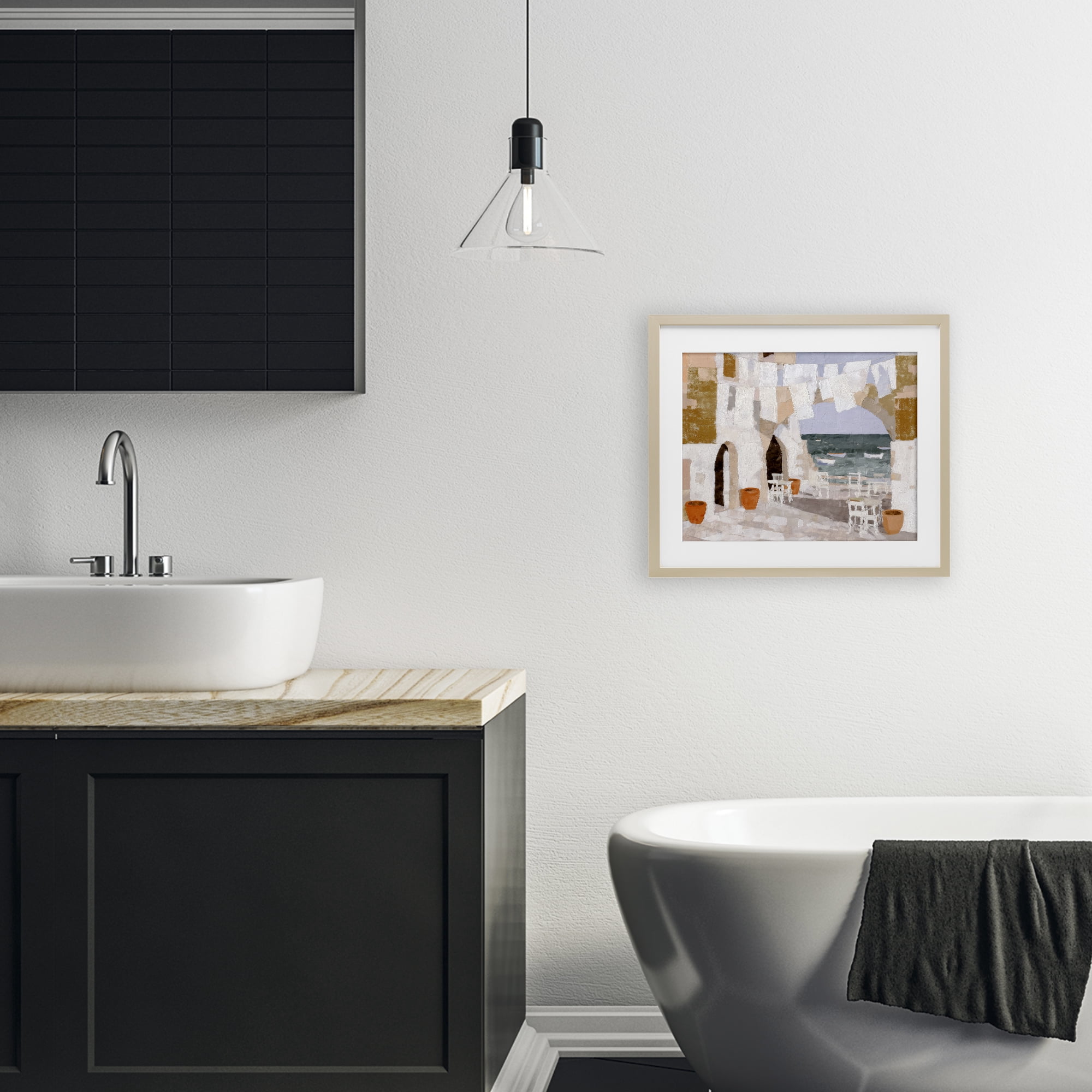 Stupell Industries Coastal Village Plaza Laundry Birch Framed Print Under Glass, design by Chromatic Storm Studio