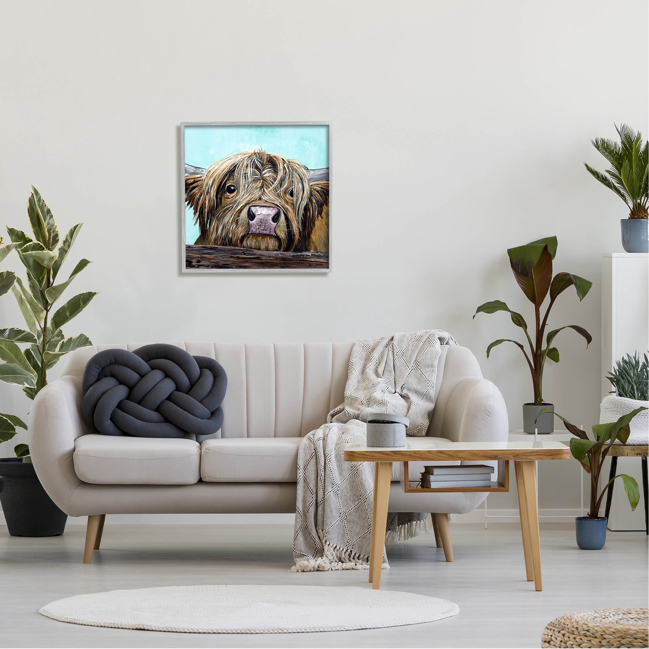Highland Cattle Farm Animal Face Animals & Insects Painting Gray Framed Art Print Wall Art