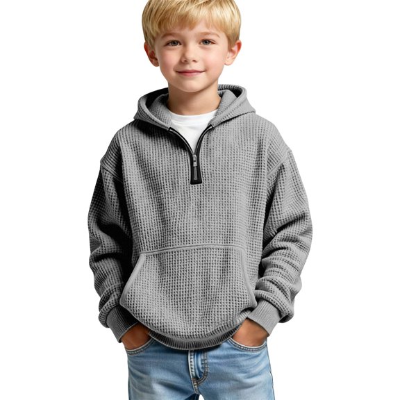 longantii Boys Quarter Zip Hoodies - Waffle Knit Kids Long Sleeve Hooded Sweatshirts Teens Pullover Tops Clothes Light Gray 8-9 Years