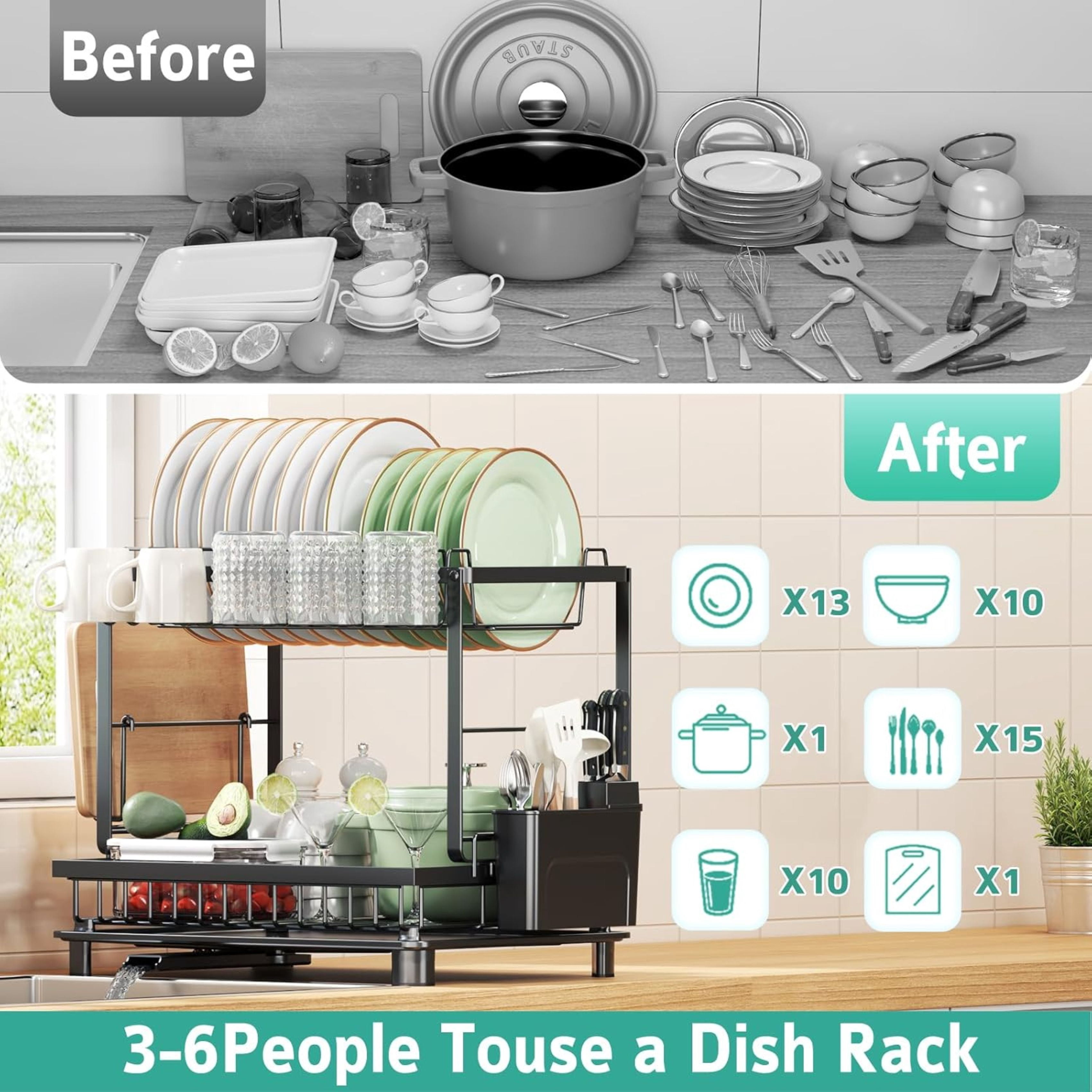 Vallary 2-Tier Dish Drying Rack with Drainboard – Rustproof Steel Kitchen Organizer with Utensil & Cup Holder, Cutting Board & Knife Stand – Space-Saving Countertop Dish Drainer (Black)