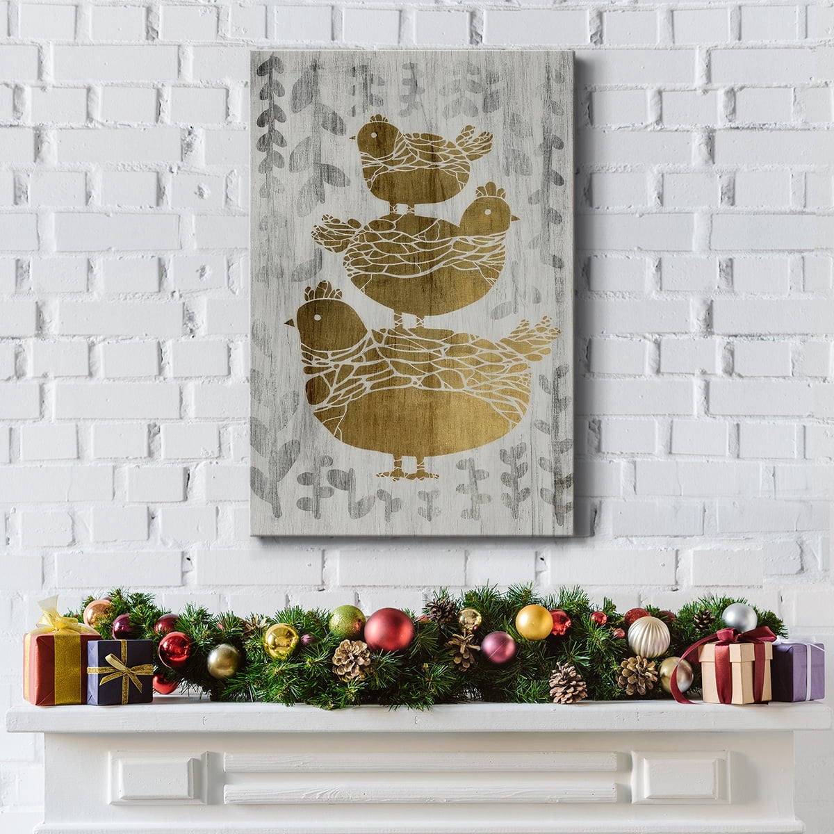 Three French Hens - Gold Leaf Holiday- Gallery Wrapped Canvas