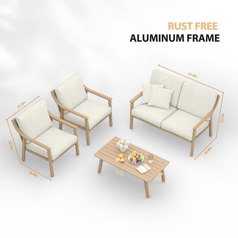 4-Piece Patio Furniture Set - Outdoor Aluminum Patio Conversation Set Includes 1 Loveseat, 2 Armchairs, and 1 Coffee Table