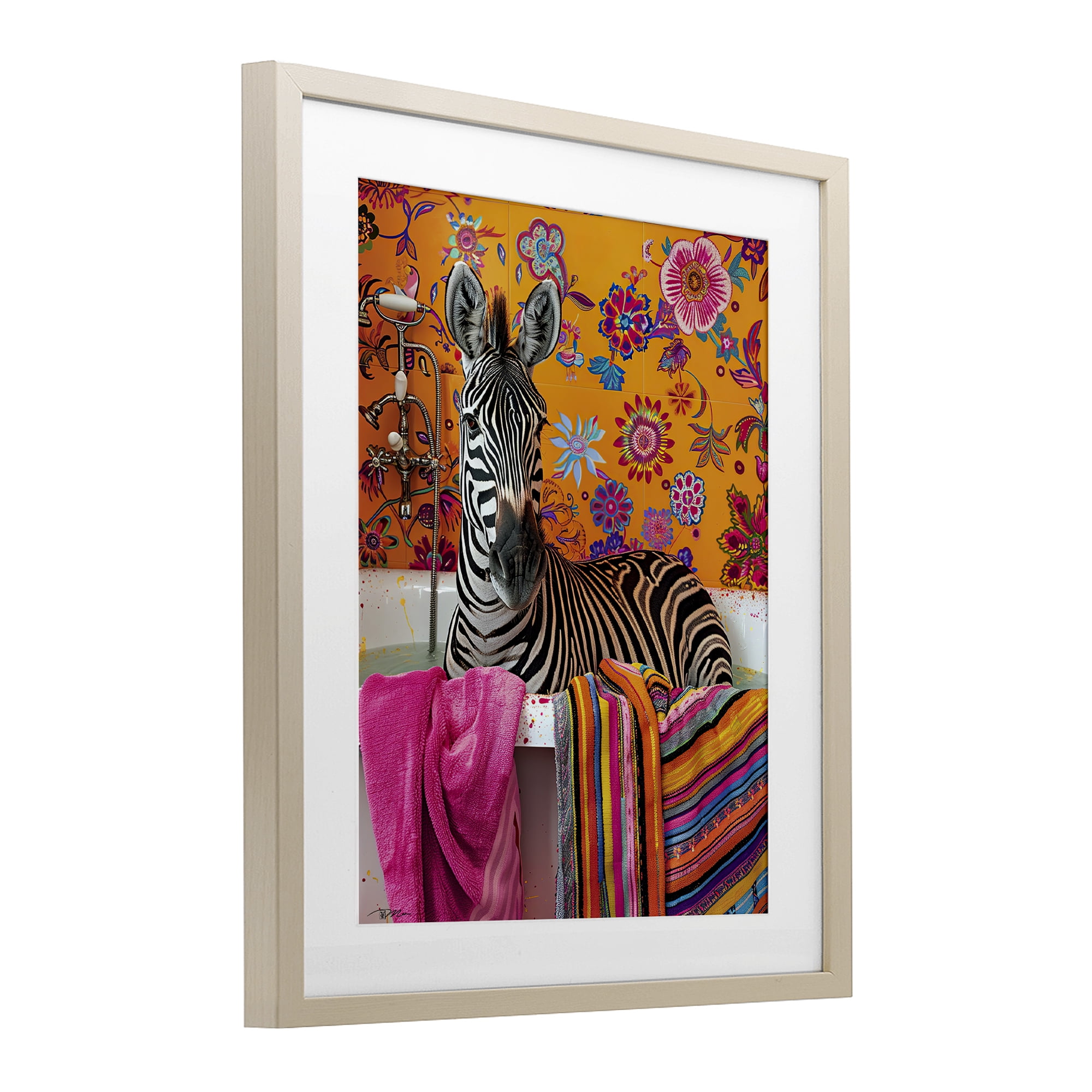 Zebra Bath with Colorful Towel Birch Framed Print Under Glass, design by Momart