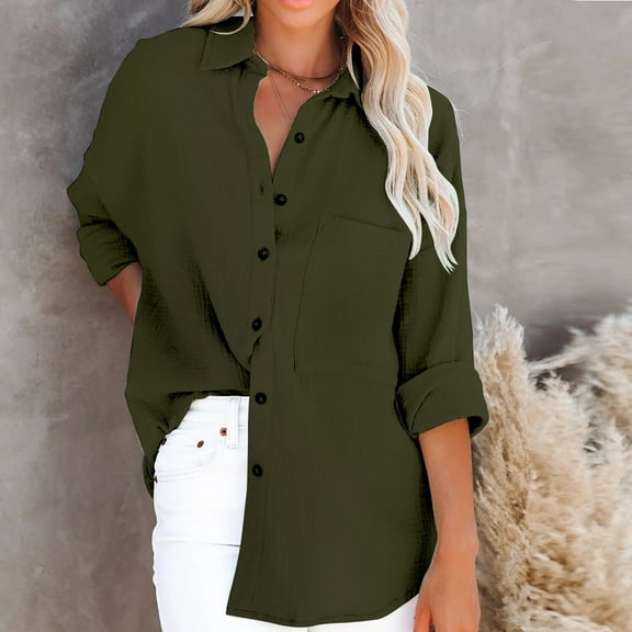 LYXSSBYX Womens Long Sleeve Dress Hot Sale Clearance Women's Funny Fashion Solid Color Buttons Long Sleeve Loose Tops Blouse