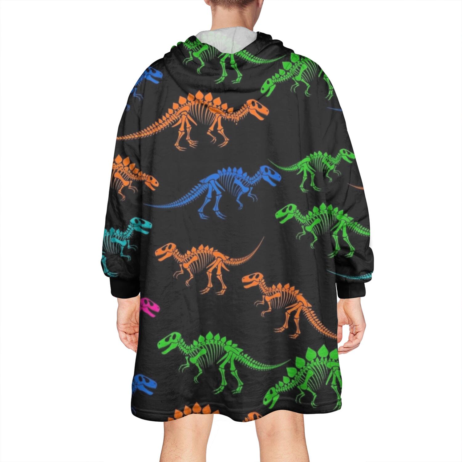 Wearable Oversized Blanket,Black Cartoon Colorful Dinosaurs Skeletons Pattern Wearable Blanket Hoodie for Adults,Cozy Hooded Blankets with Super Pockets,Super Warm Fuzzy Pullover for Women & Men
