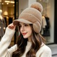 thumbnail image 2 of Fleece Beanie Hats with Earflaps Visor Brim Winter Knit Ski Cap Winter Hats for Women Pom Pom Ball Khaki One Size, 2 of 5