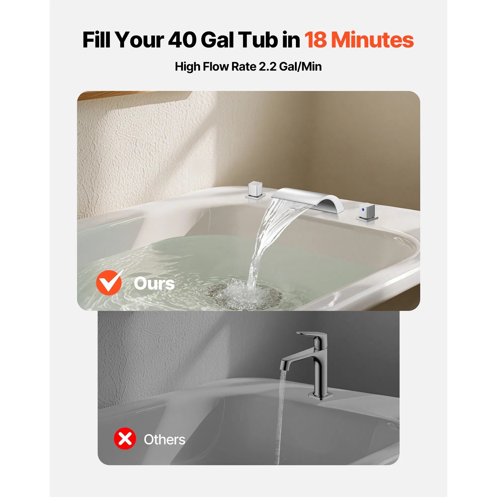 Silver Three-Hole Waterfall Bathtub Faucet Set with Two Handles,Deck Mount Design for Adult Bathing,Temperature Control,Stylish and Functional Addition to Your Bathroom