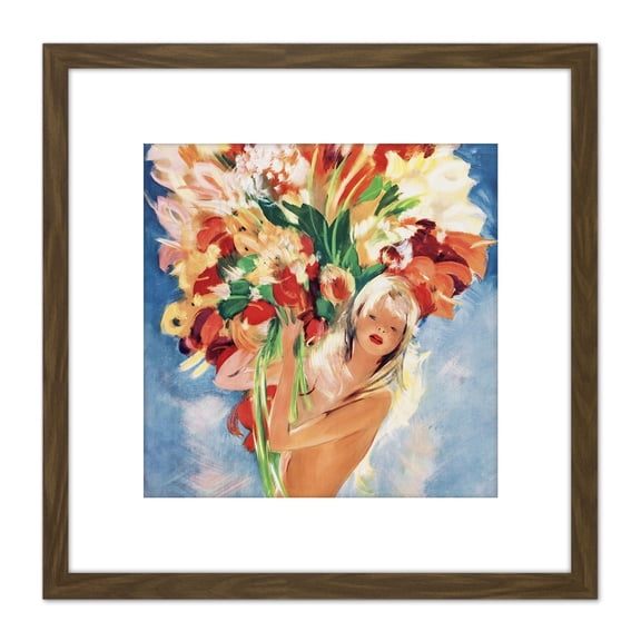 Floral Painting Girl Bouquet Fairy 8X8 Inch Square Wooden Framed Wall Art Print Picture with Mount