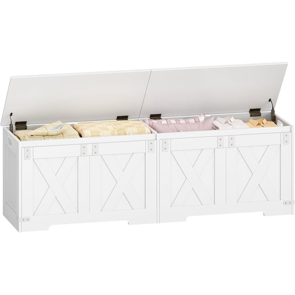 59" Storage Chest, Large Storage Trunk with 2 Hinges, Farmhouse Wooden Box Bench, Lift-Top Organizer Chest, Entryway Trunk for Bedroom, Living Room, White SB15003X